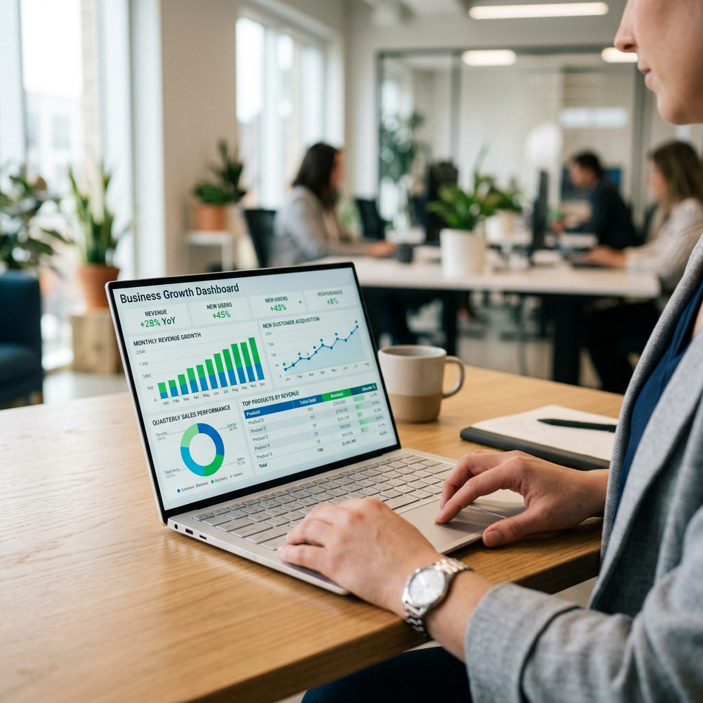 Laptop screen showing business growth dashboard with graphs and sales data