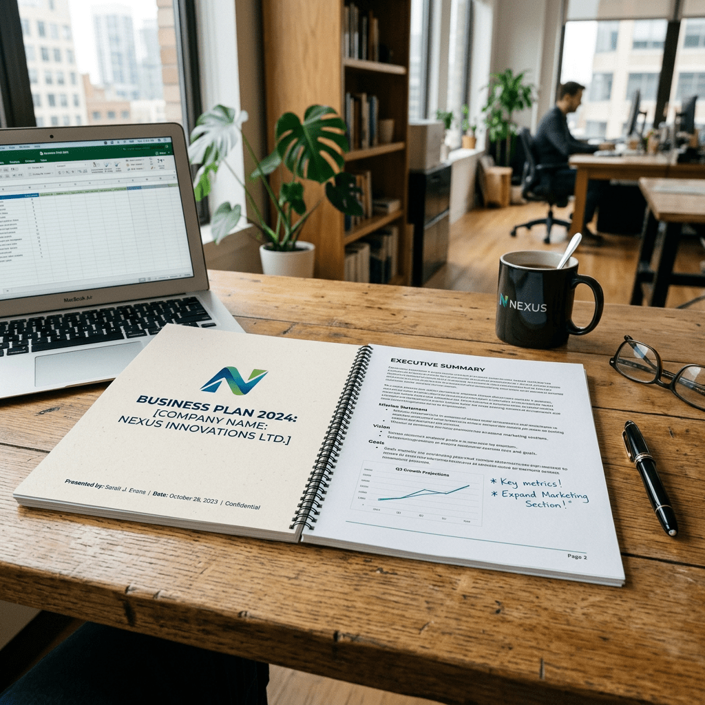 Open business plan document titled 'Business Plan 2024: Nexus Innovations Ltd.' on a wooden desk with laptop, coffee mug, glasses, and pen